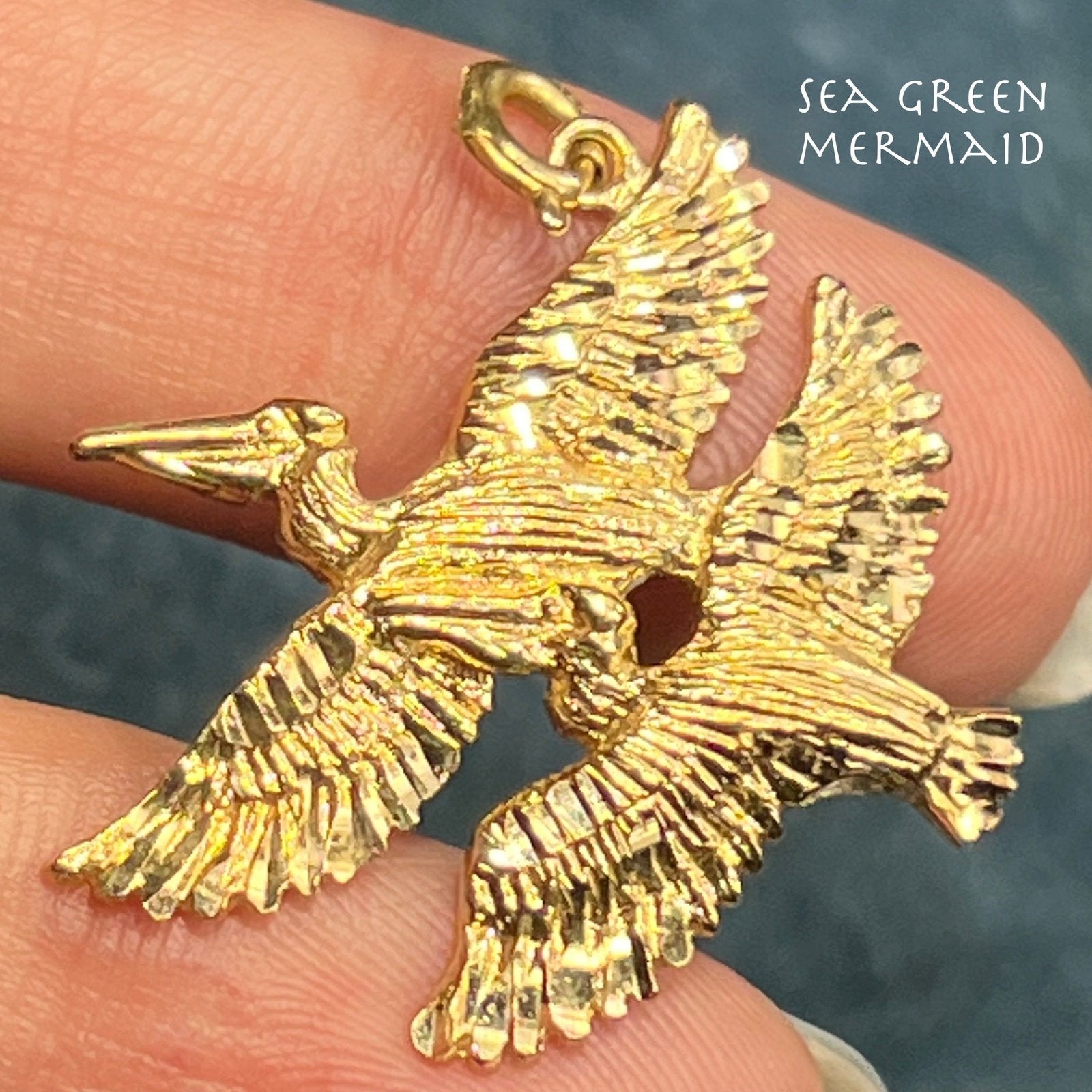 14k Yellow Gold Pair of Pelicans in Flight Pendant. Cooperation! 1.25"
