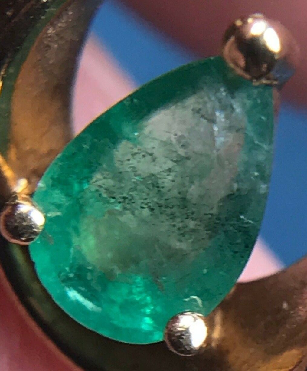 14k Yellow Gold Pendant w Natural Emerald & Diamond. 0.5 Ct Pear Cut-K7L5