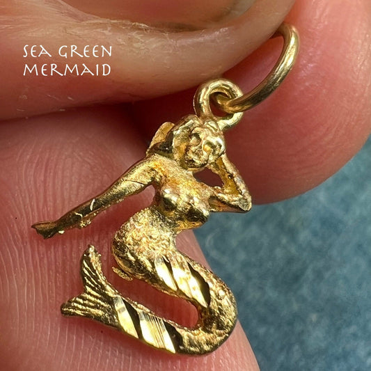 14k Yellow Gold Pin-Up MERMAID Sea Siren Pendant. 2-Sides. Tiny!