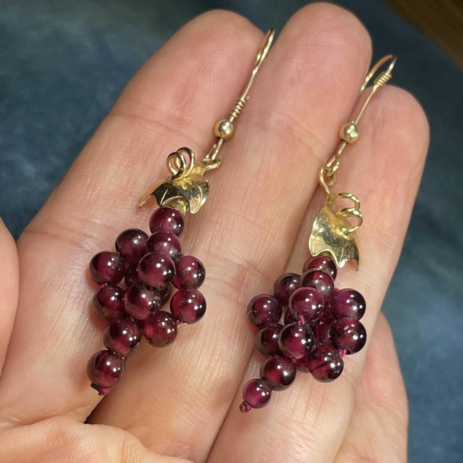 14k Yellow Gold Red Garnet "Bunch of Grapes" Dangle Earrings. 2"