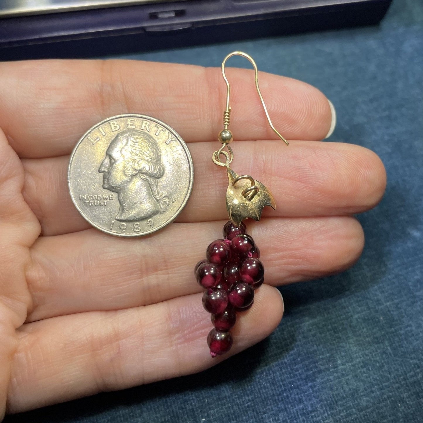 14k Yellow Gold Red Garnet "Bunch of Grapes" Dangle Earrings. 2"