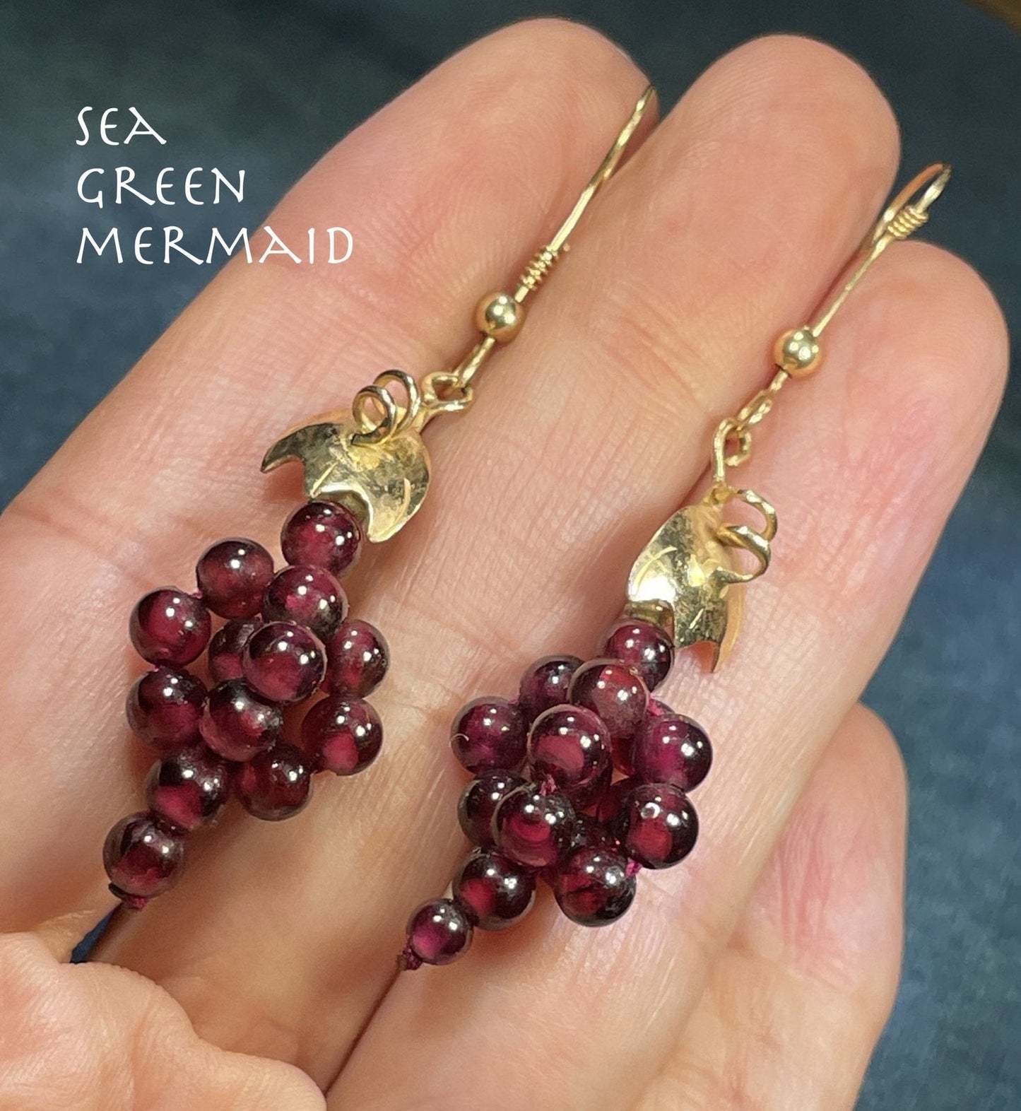 14k Yellow Gold Red Garnet "Bunch of Grapes" Dangle Earrings. 2"