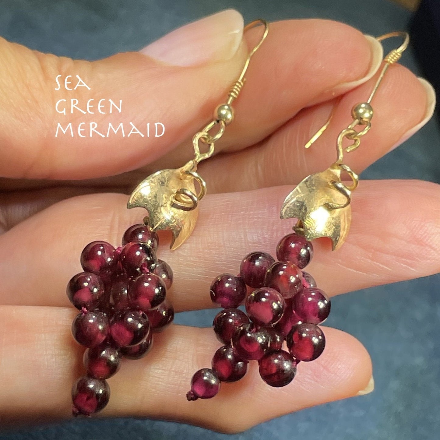 14k Yellow Gold Red Garnet "Bunch of Grapes" Dangle Earrings. 2"