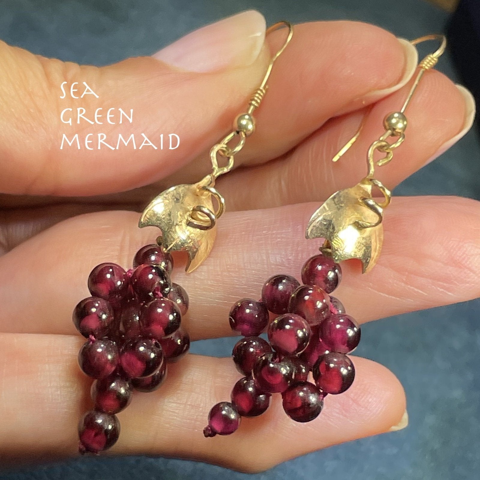 14k Yellow Gold Red Garnet "Bunch of Grapes" Dangle Earrings. 2"
