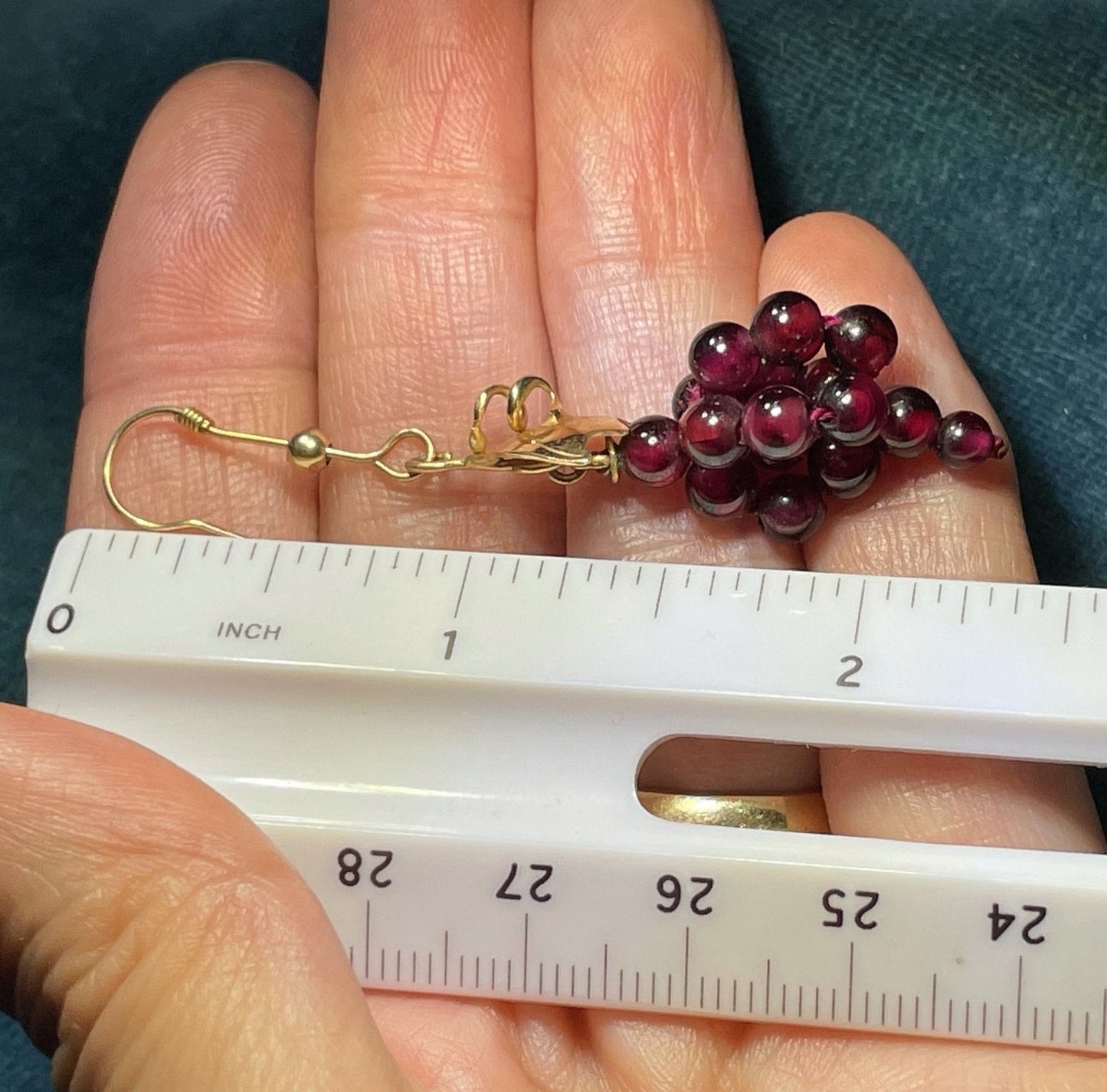 14k Yellow Gold Red Garnet "Bunch of Grapes" Dangle Earrings. 2"