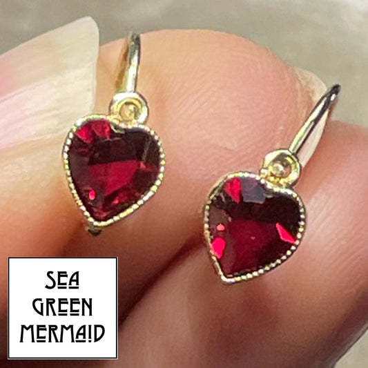 14k Yellow Gold Red Garnet Heart Earrings. Dormeuse Leverbacks
