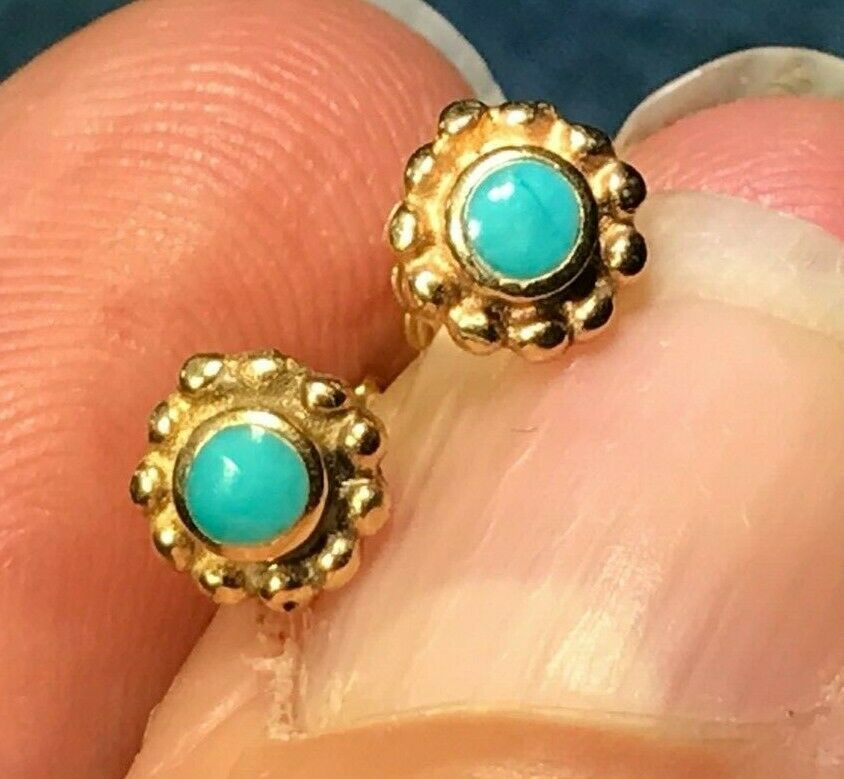 14k Yellow Gold Robins Egg Turquoise Earrings w Bali Bead Halo