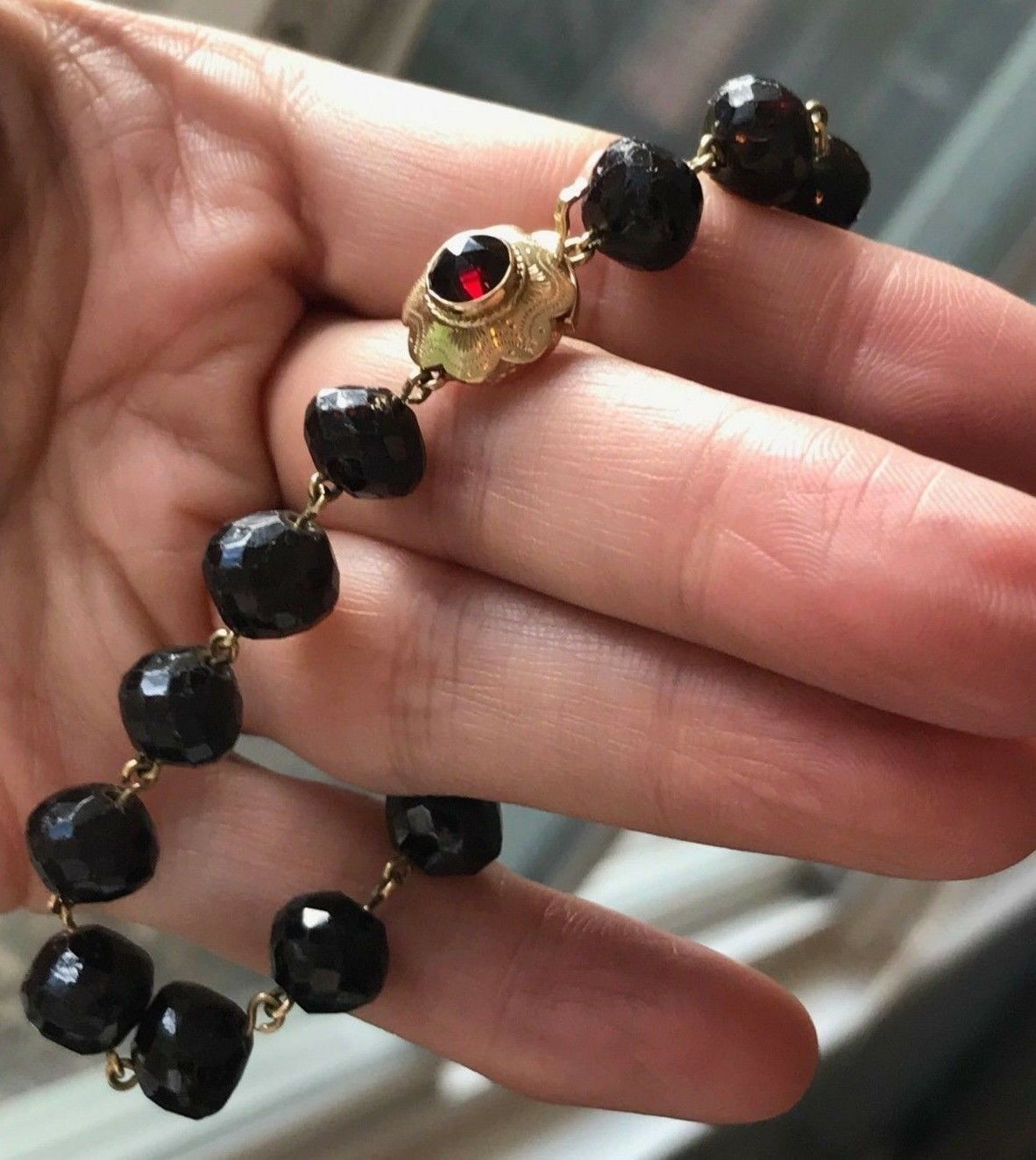 14k Yellow Gold Ruby Red Garnet Bracelet. Victorian Era. Heavy 26g-K5L9J