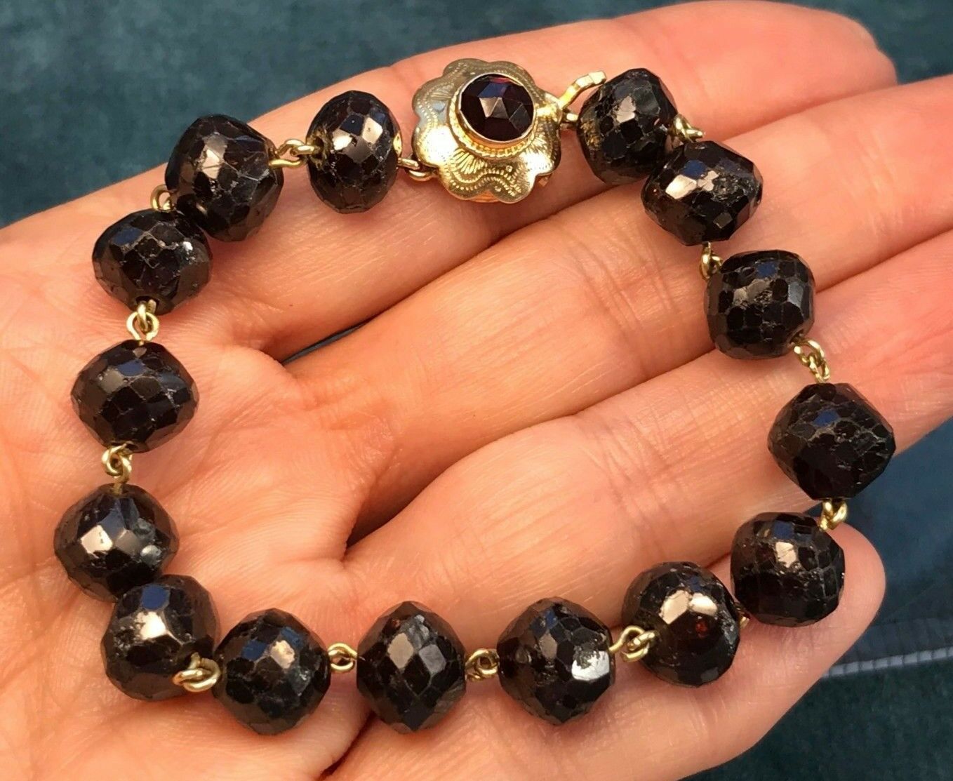14k Yellow Gold Ruby Red Garnet Bracelet. Victorian Era. Heavy 26g-K5L9J