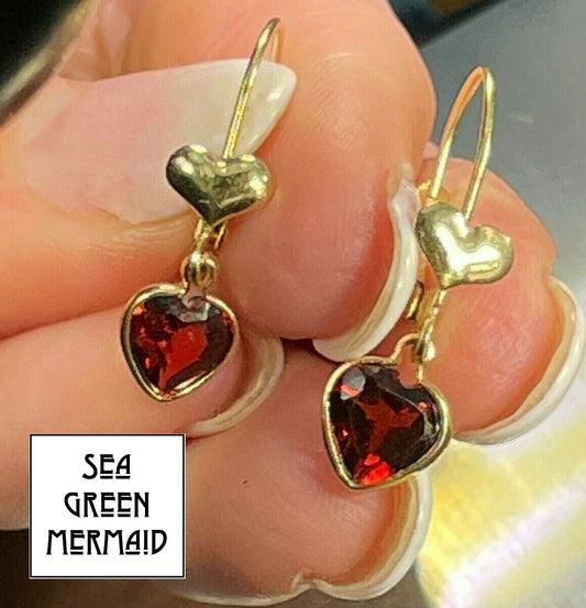 14k Yellow Gold Ruby Red Garnet Dangly Earrings. Heart Leverbacks_21_239