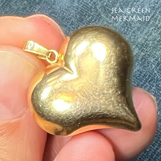 14k Yellow Gold Sculpted Puffy Full Heart Pendant. 1"