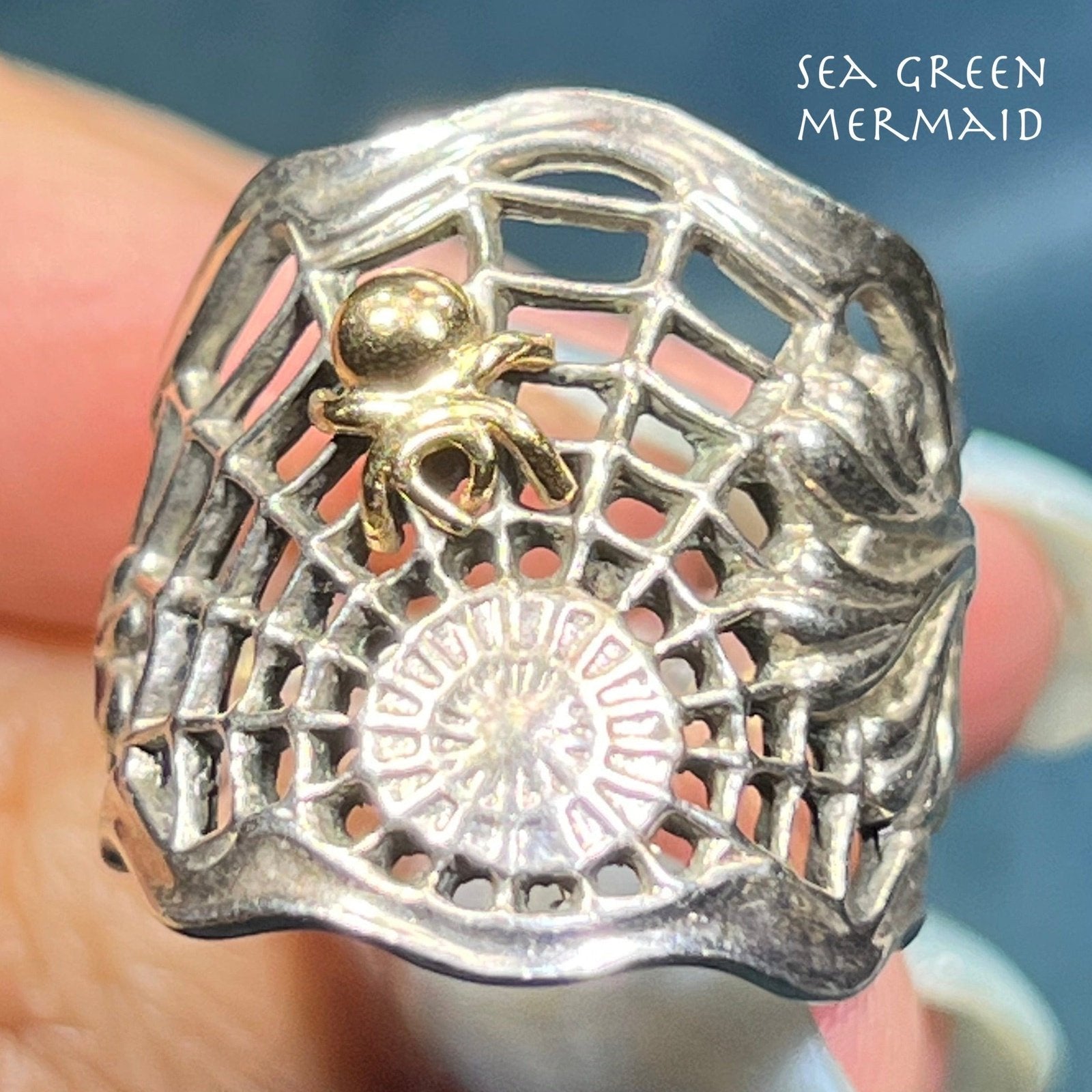 14k Yellow Gold + Silver Spiderweb Ring. 1" Wide & 7g