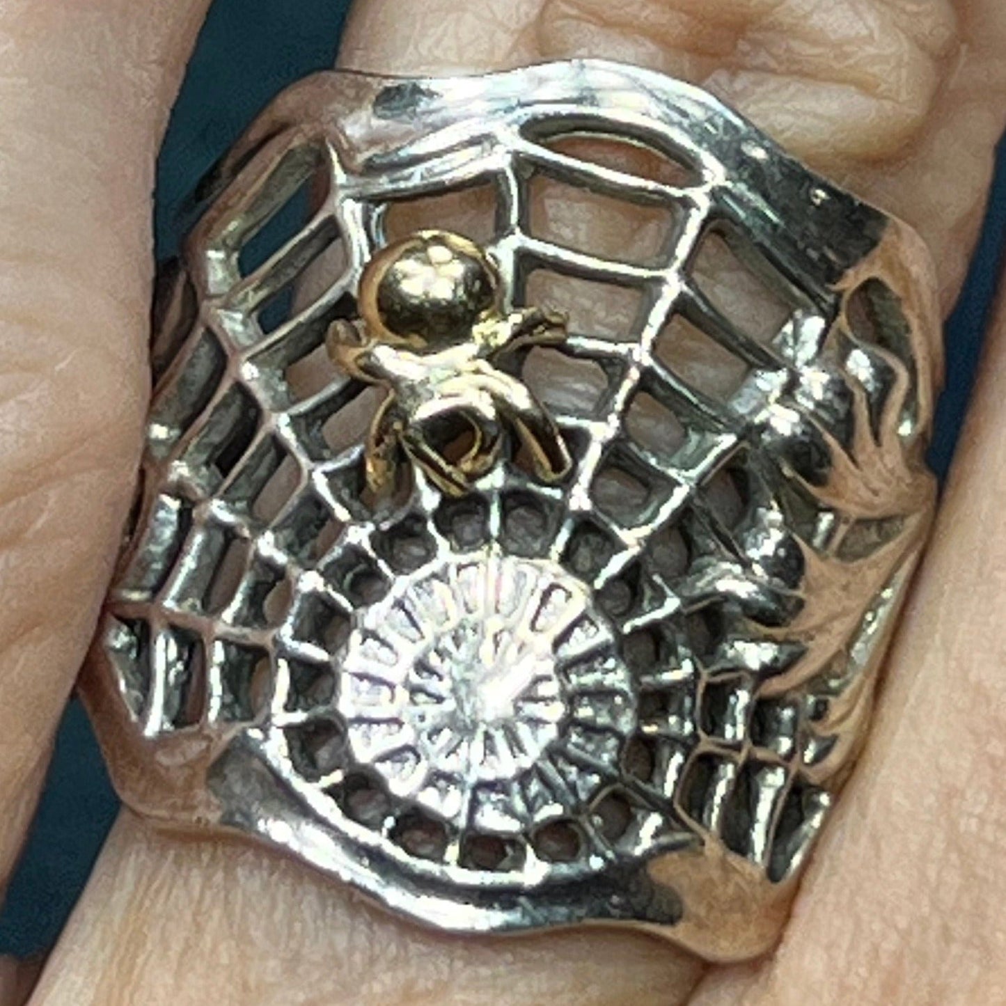 14k Yellow Gold + Silver Spiderweb Ring. 1" Wide & 7g