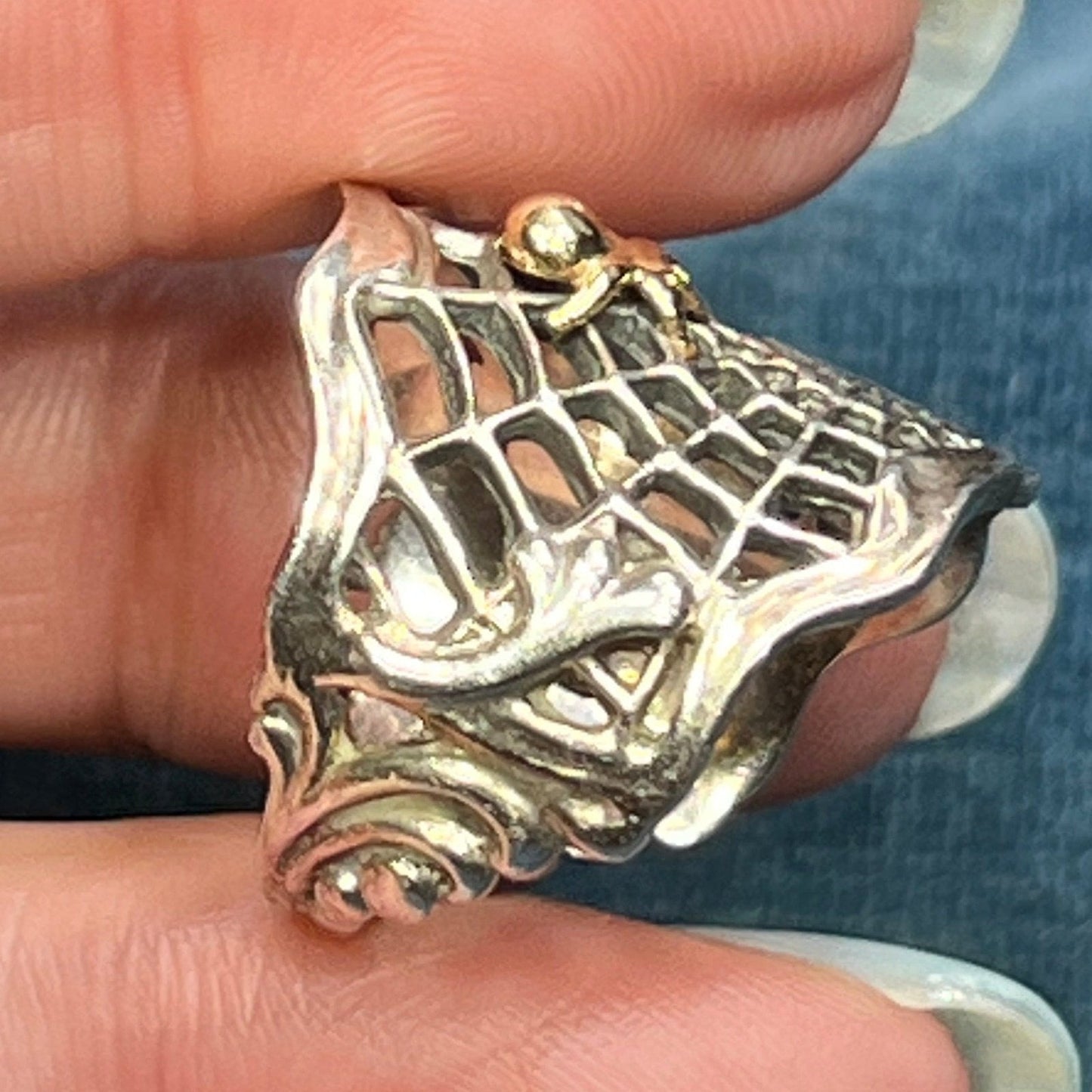 14k Yellow Gold + Silver Spiderweb Ring. 1" Wide & 7g