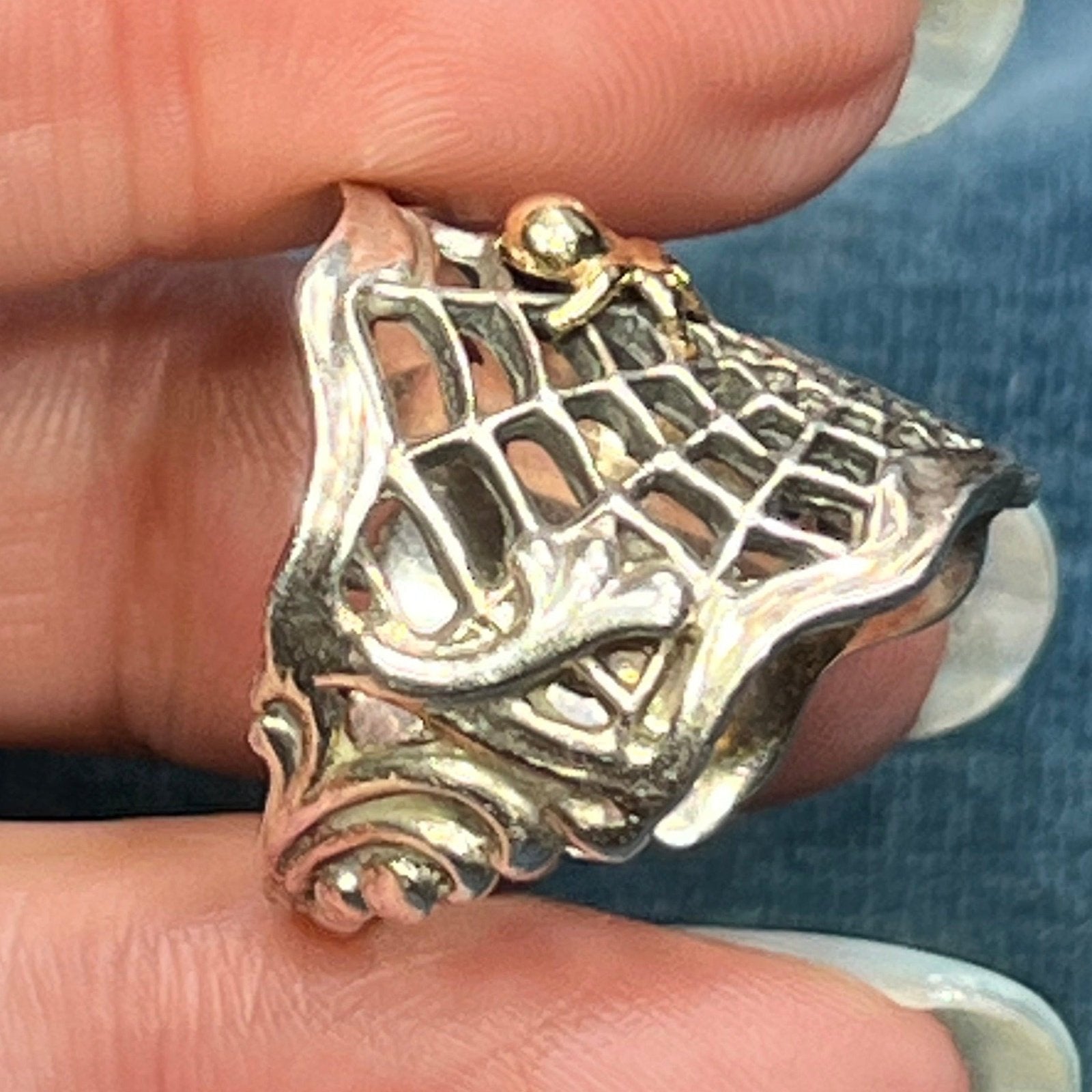 14k Yellow Gold + Silver Spiderweb Ring. 1" Wide & 7g