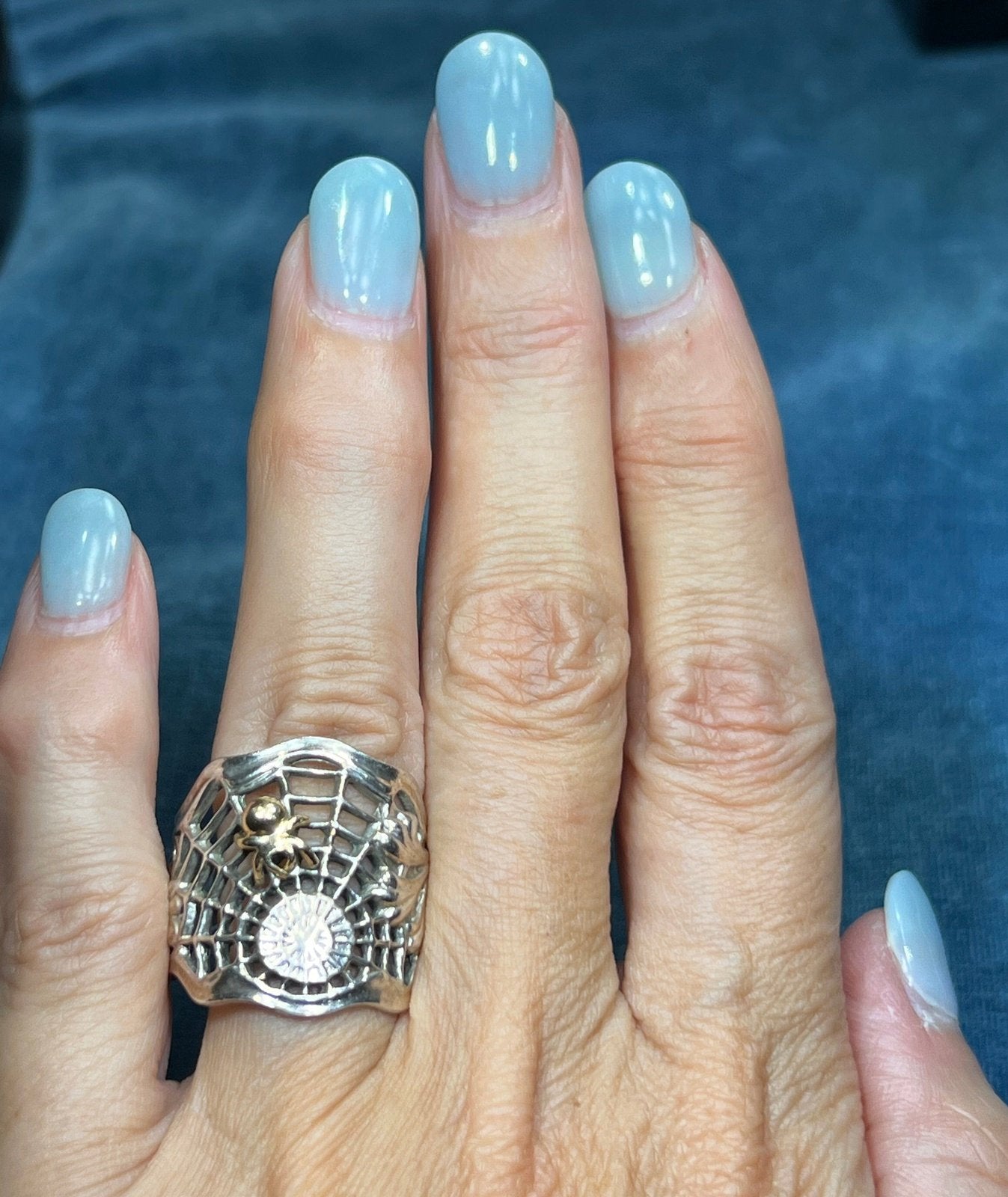 14k Yellow Gold + Silver Spiderweb Ring. 1" Wide & 7g