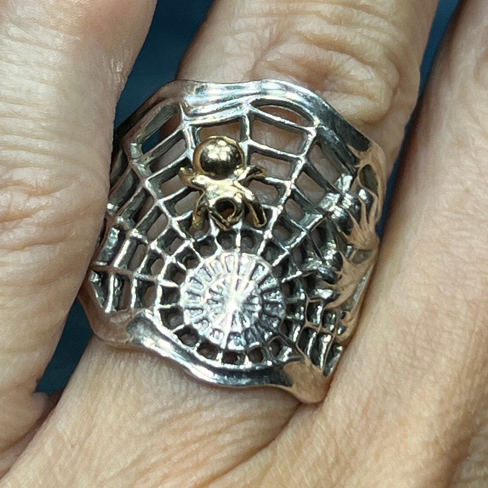 14k Yellow Gold + Silver Spiderweb Ring. 1" Wide & 7g