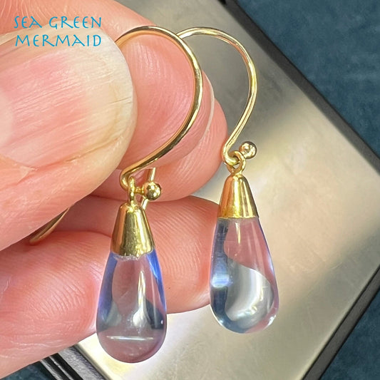 14k Yellow Gold Sky Blue Quartz Baton Cabochon Earrings. Water Droplets