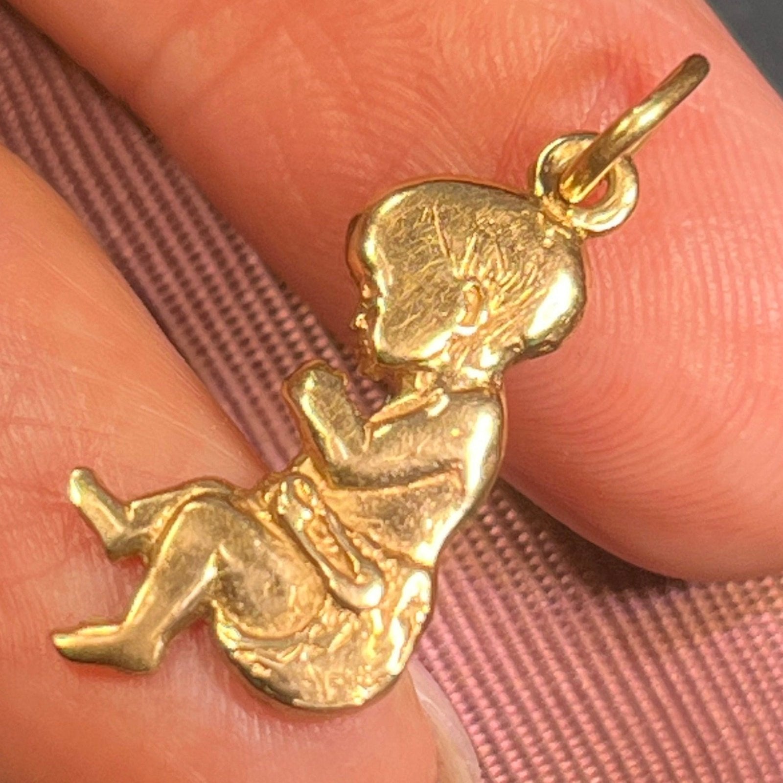 14k Yellow Gold Sleeping Baby Infant Pendant. 1"