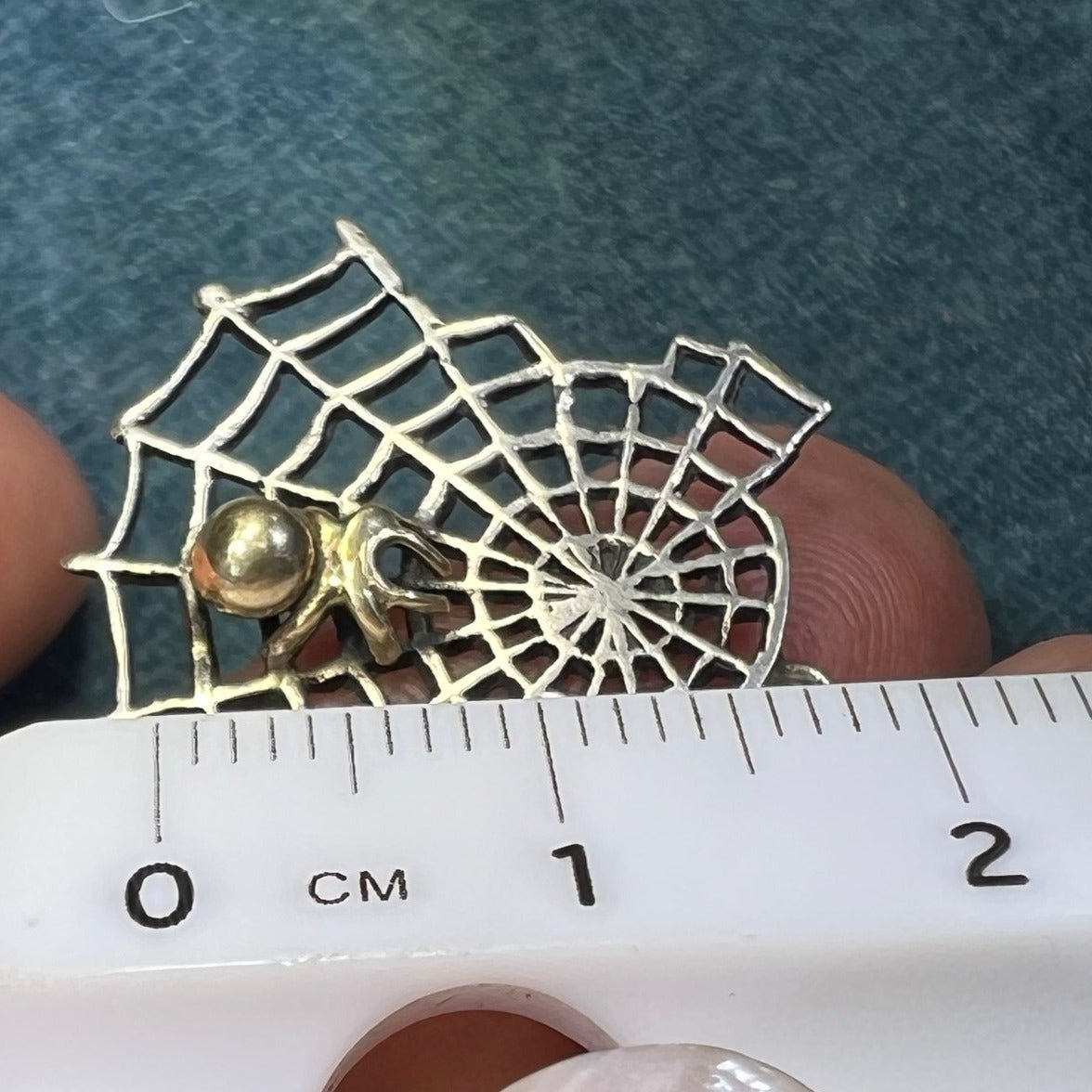 14k Yellow Gold Spider in Silver Spiderweb Pendant. 3-D. 1"