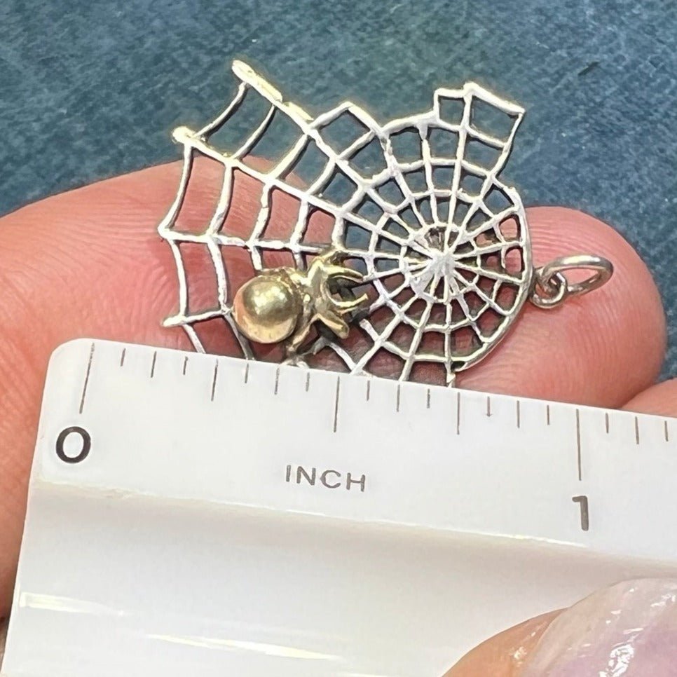 14k Yellow Gold Spider in Silver Spiderweb Pendant. 3-D. 1"