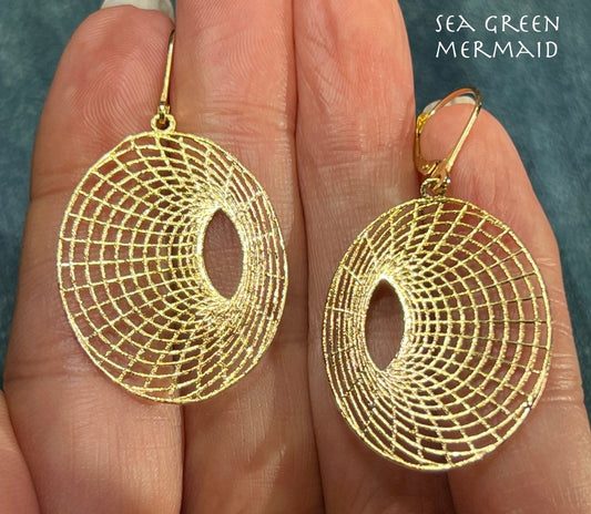 14k Yellow Gold Spiderweb Spiral Vortex Earrings. 2" Leverbacks
