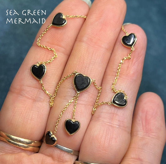 14k Yellow Gold Station Chain Necklace w Black Onyx Hearts