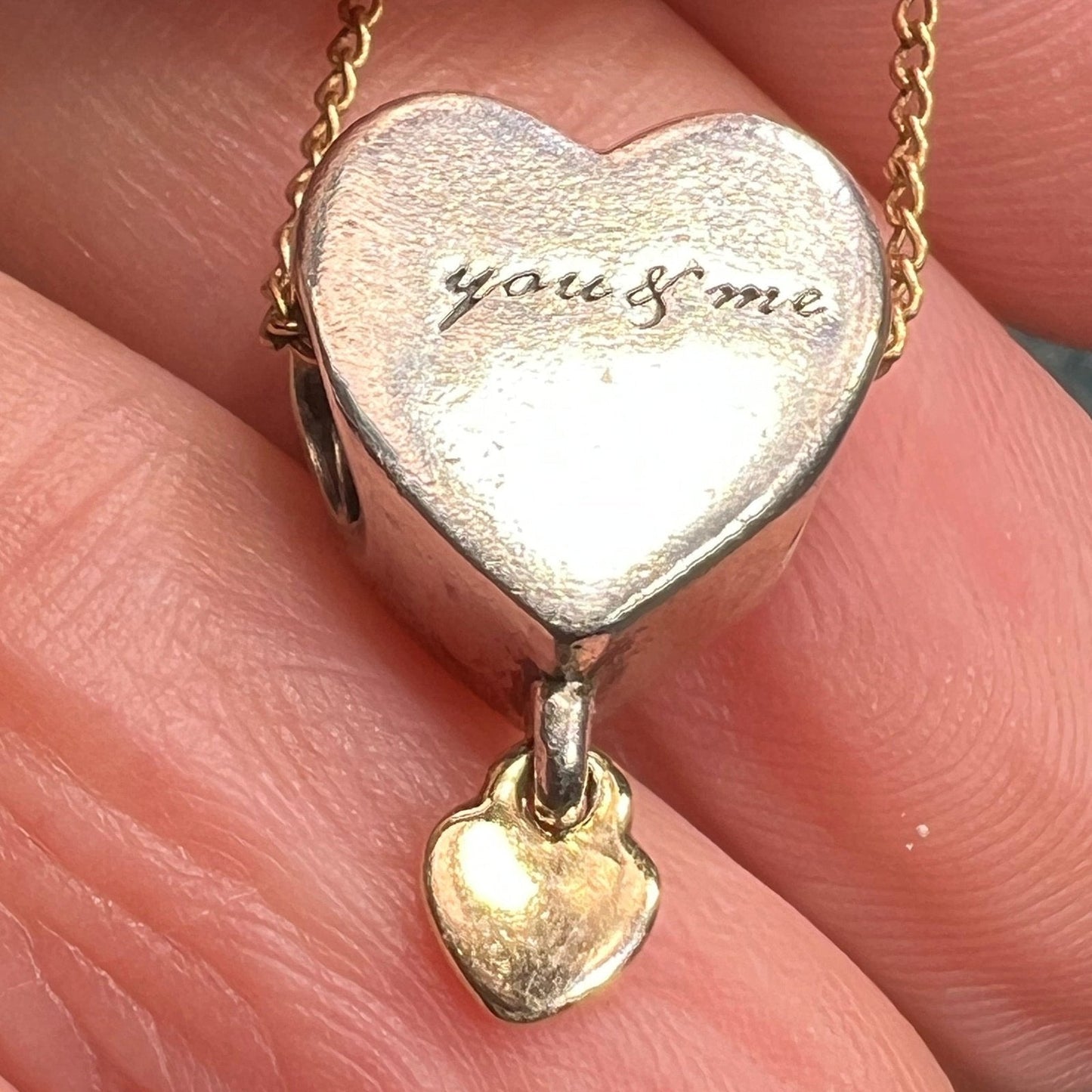 14k Yellow Gold + Sterling 2 Hearts Pendant. "you + me"