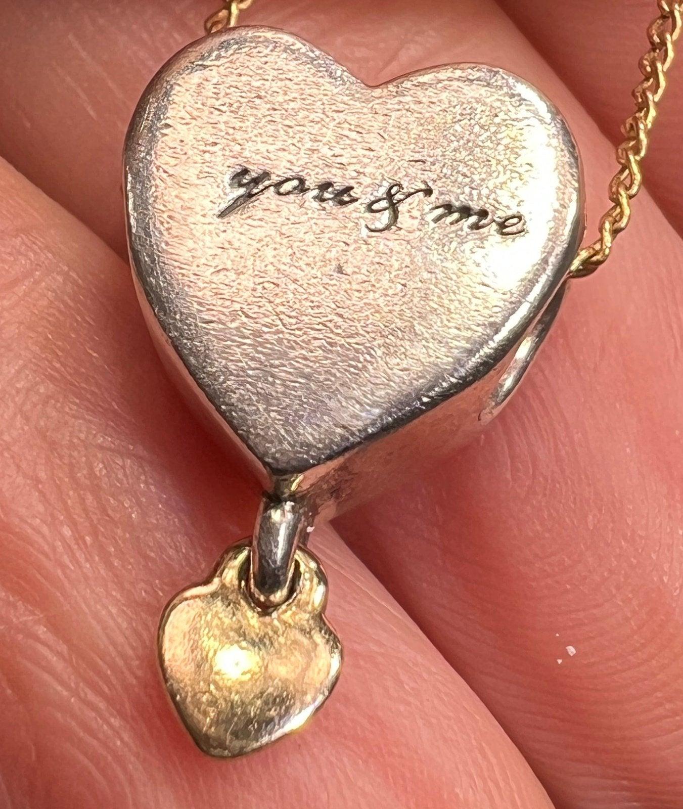 14k Yellow Gold + Sterling 2 Hearts Pendant. "you + me"