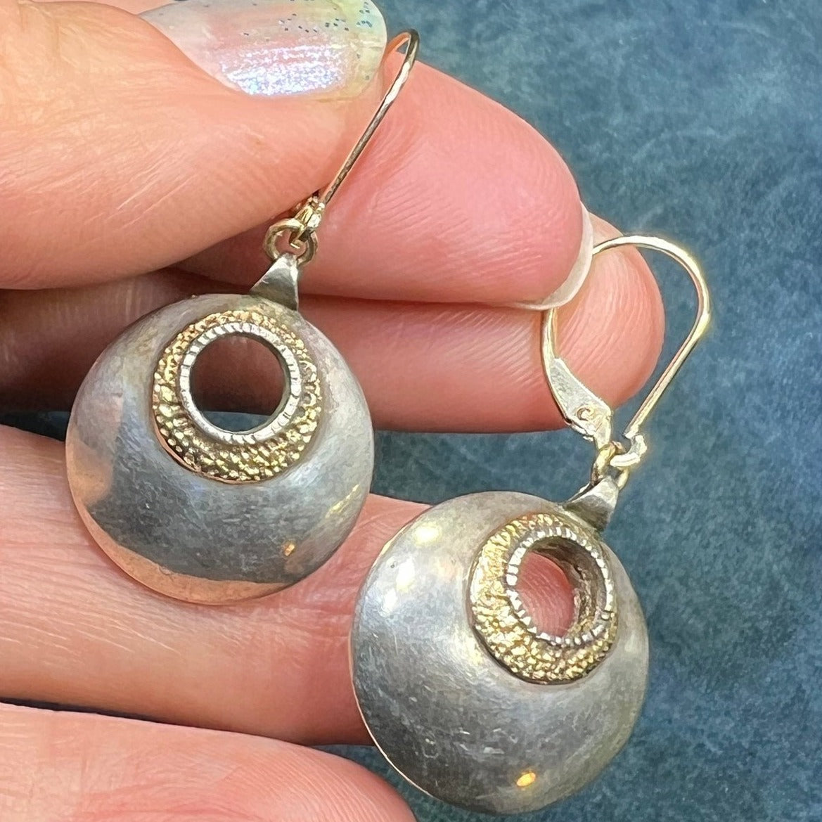 14k Yellow Gold Sterling Gypsy Circle Earrings w 14k Heart Leverbacks