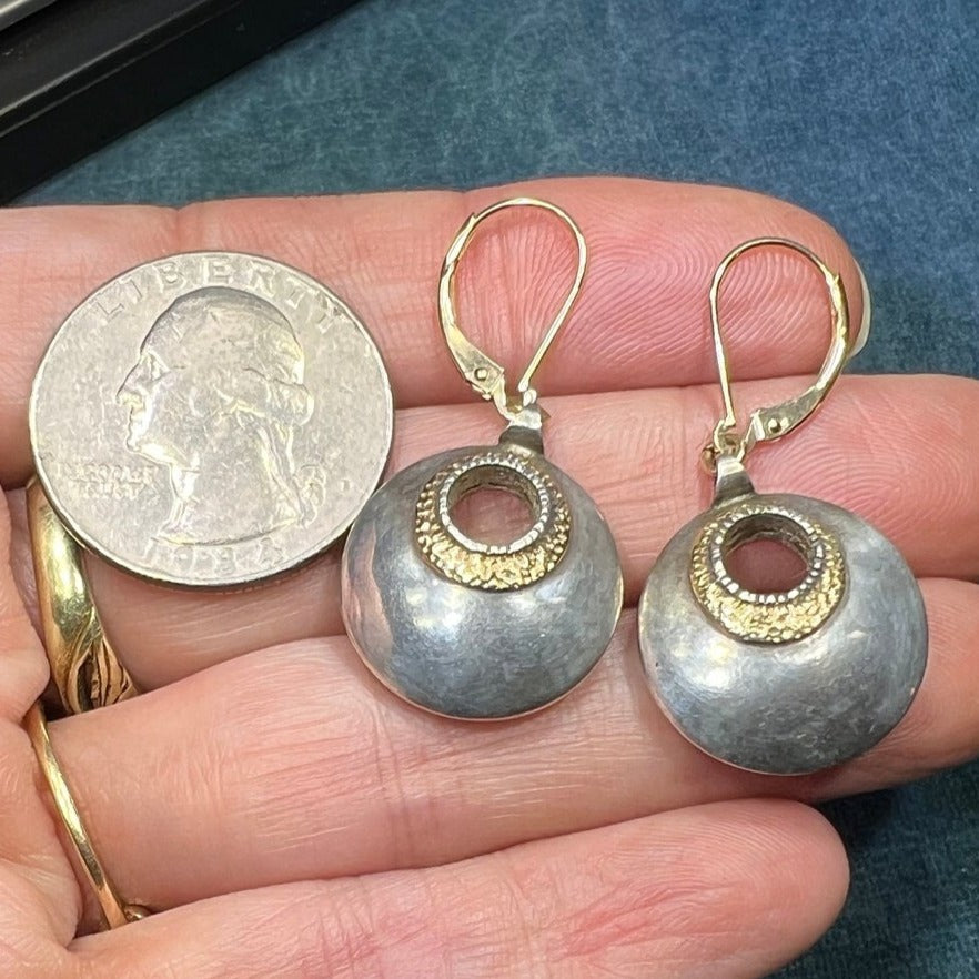 14k Yellow Gold Sterling Gypsy Circle Earrings w 14k Heart Leverbacks