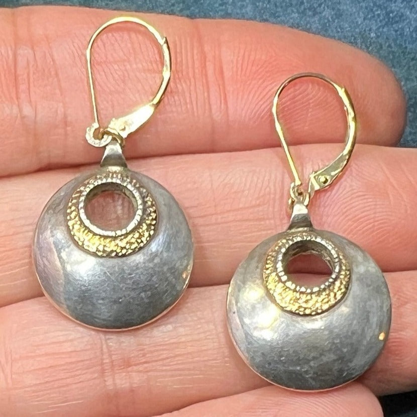 14k Yellow Gold Sterling Gypsy Circle Earrings w 14k Heart Leverbacks