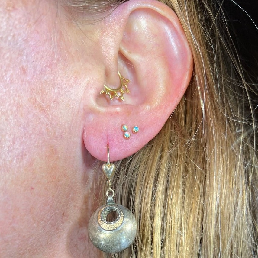 14k Yellow Gold Sterling Gypsy Circle Earrings w 14k Heart Leverbacks