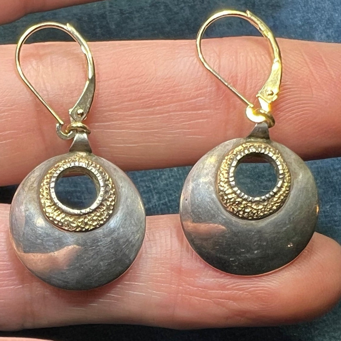 14k Yellow Gold Sterling Gypsy Circle Earrings w 14k Heart Leverbacks