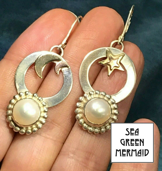 14k Yellow Gold & Sterling Leverback Pearl Earrings. Moons and Stars