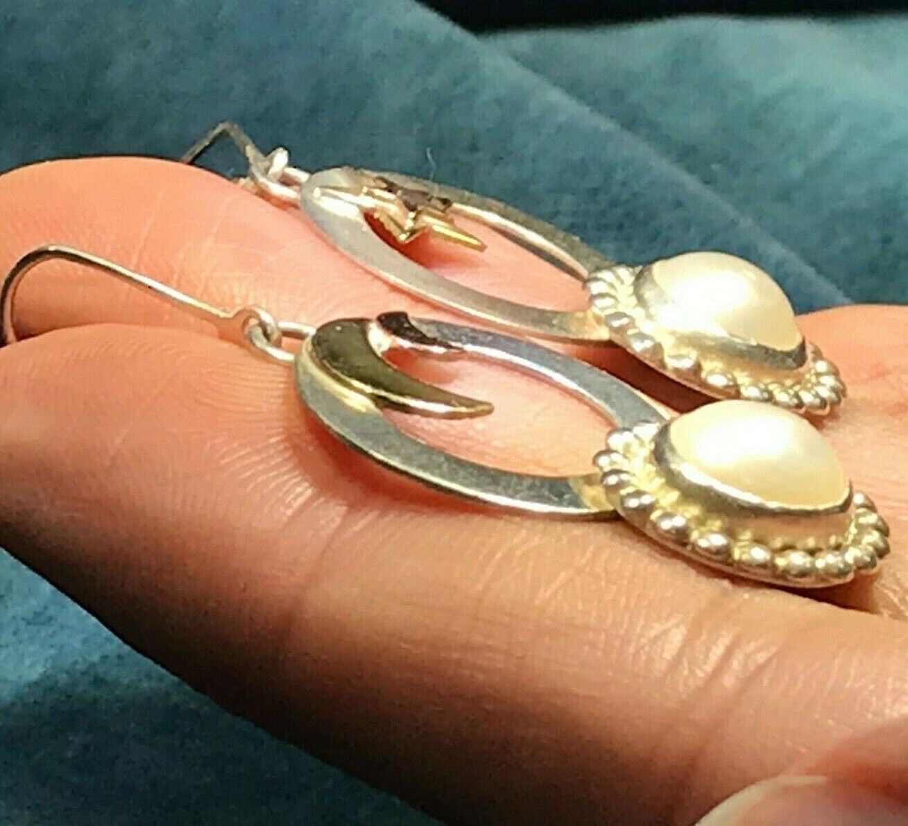 14k Yellow Gold & Sterling Leverback Pearl Earrings. Moons and Stars