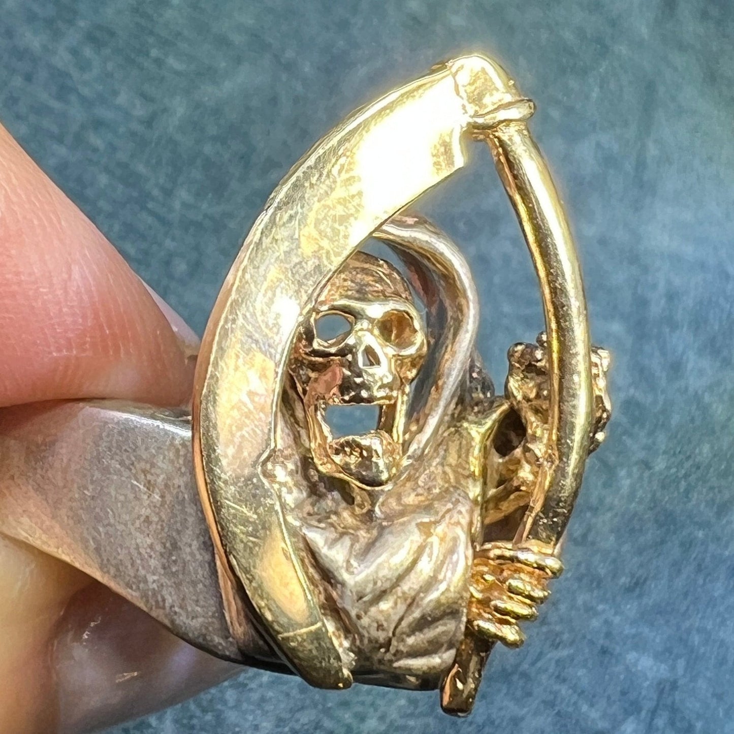 14k Yellow Gold + Sterling SKULL Biker Grim Reaper Ring. 1" + 15g