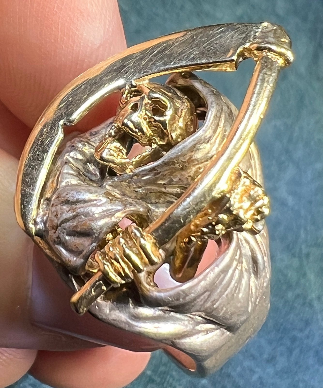 14k Yellow Gold + Sterling SKULL Biker Grim Reaper Ring. 1" + 15g