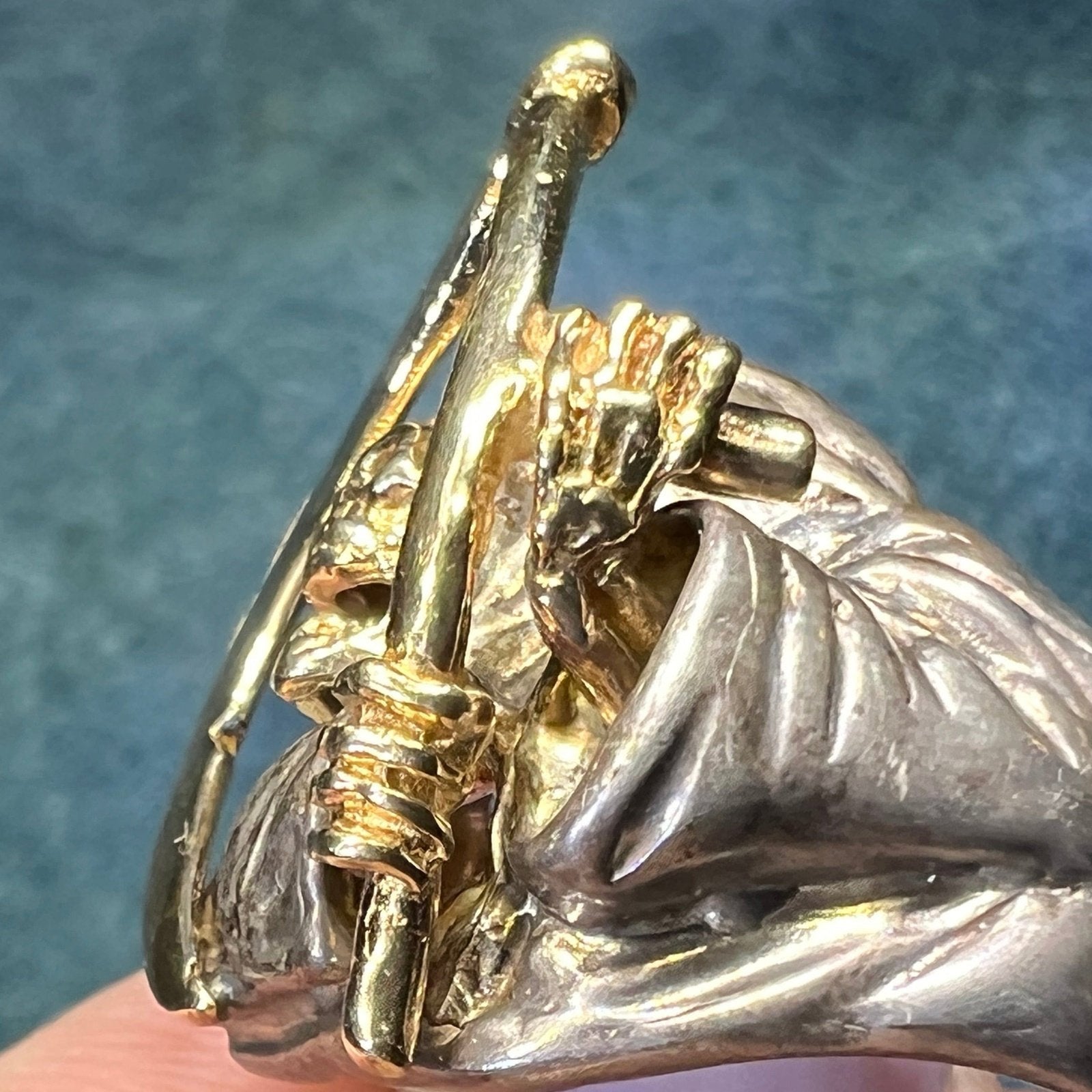 14k Yellow Gold + Sterling SKULL Biker Grim Reaper Ring. 1" + 15g