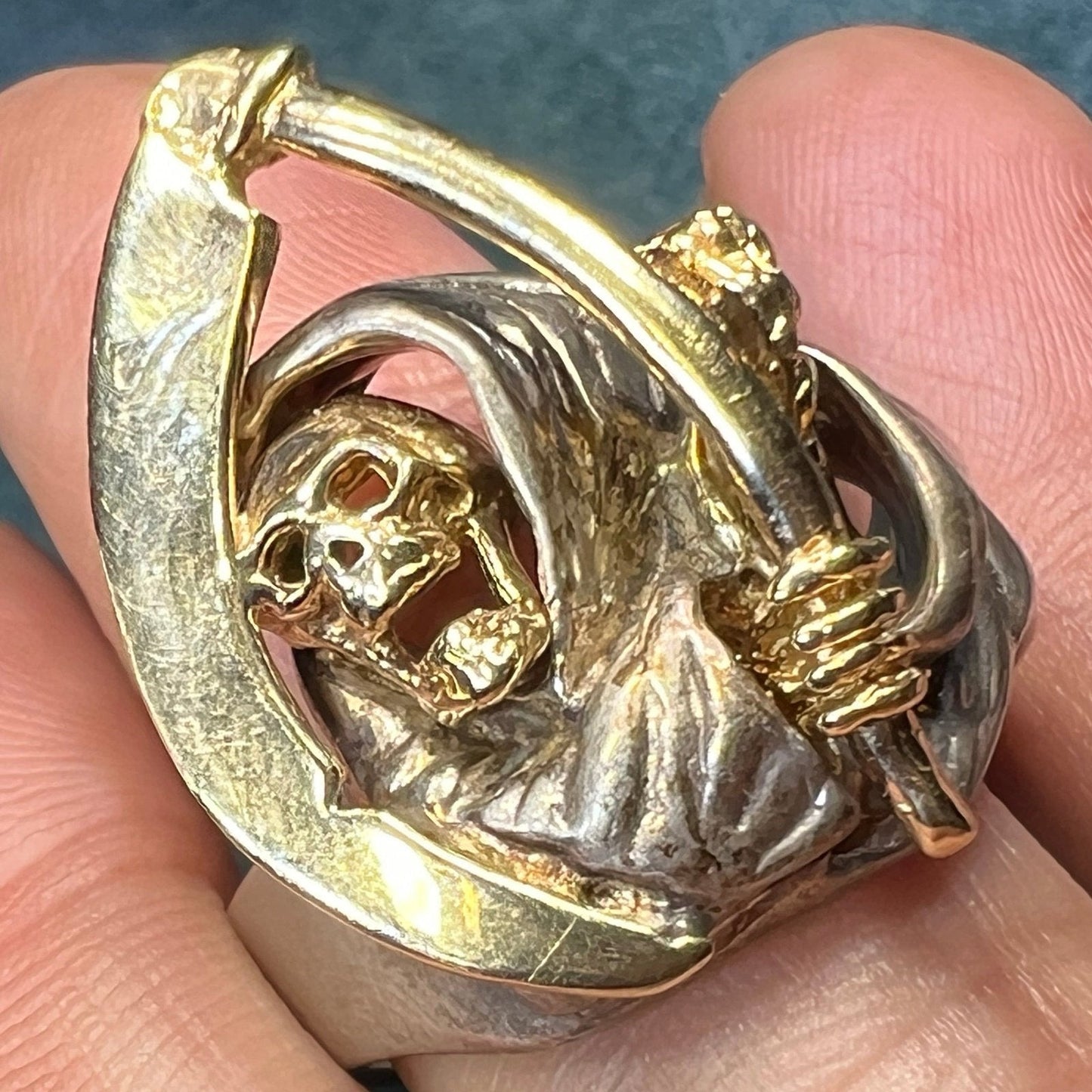 14k Yellow Gold + Sterling SKULL Biker Grim Reaper Ring. 1" + 15g