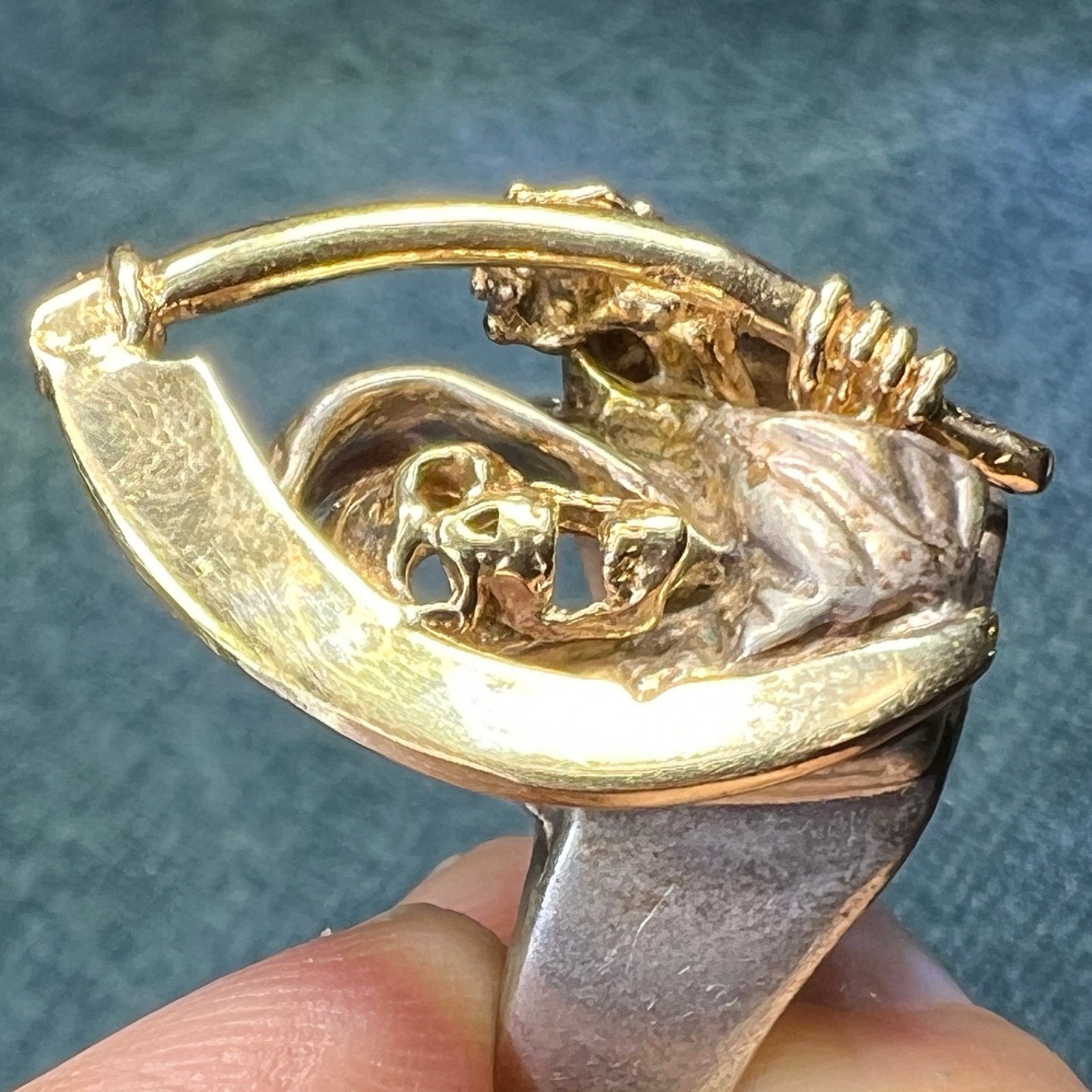 14k Yellow Gold + Sterling SKULL Biker Grim Reaper Ring. 1" + 15g