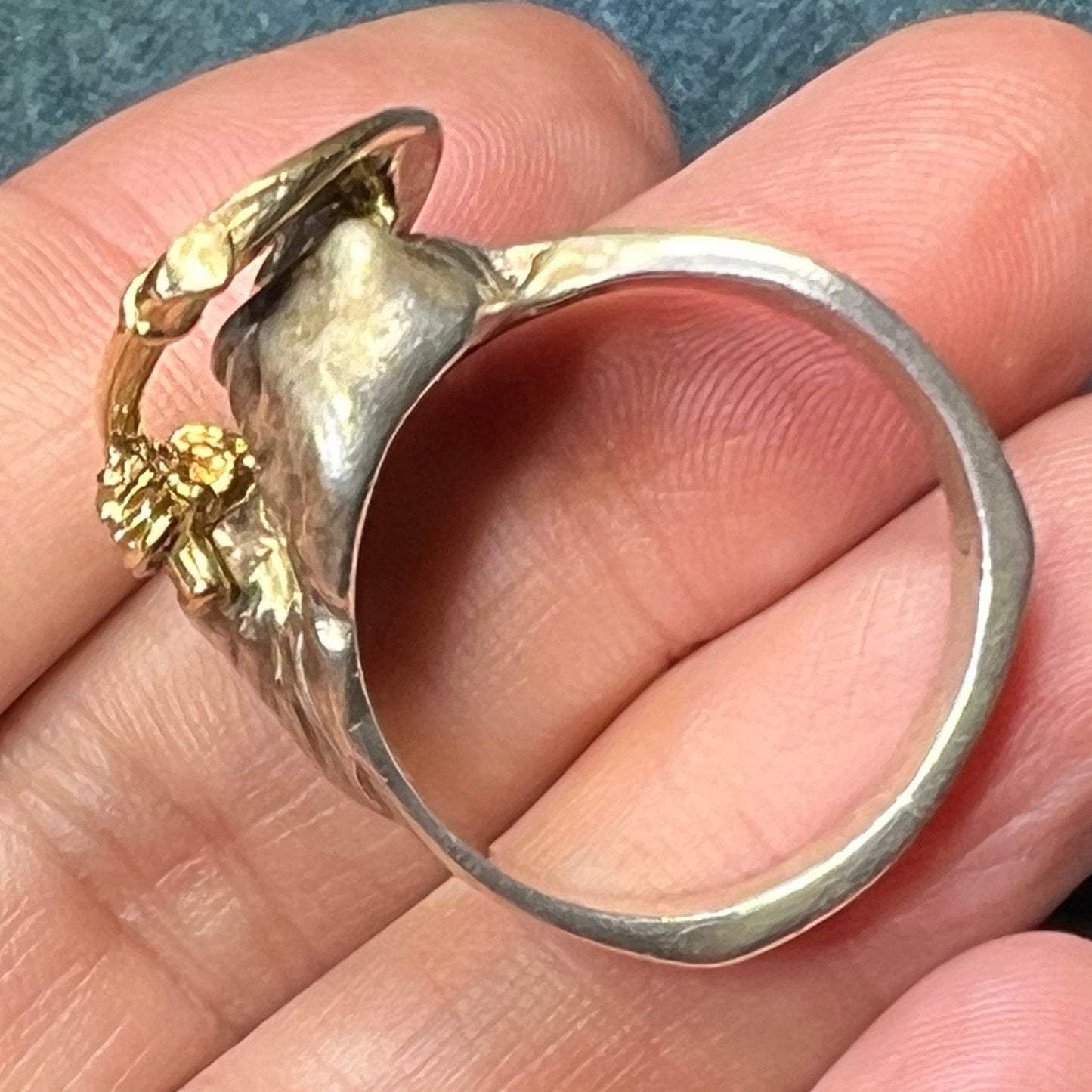 14k Yellow Gold + Sterling SKULL Biker Grim Reaper Ring. 1" + 15g