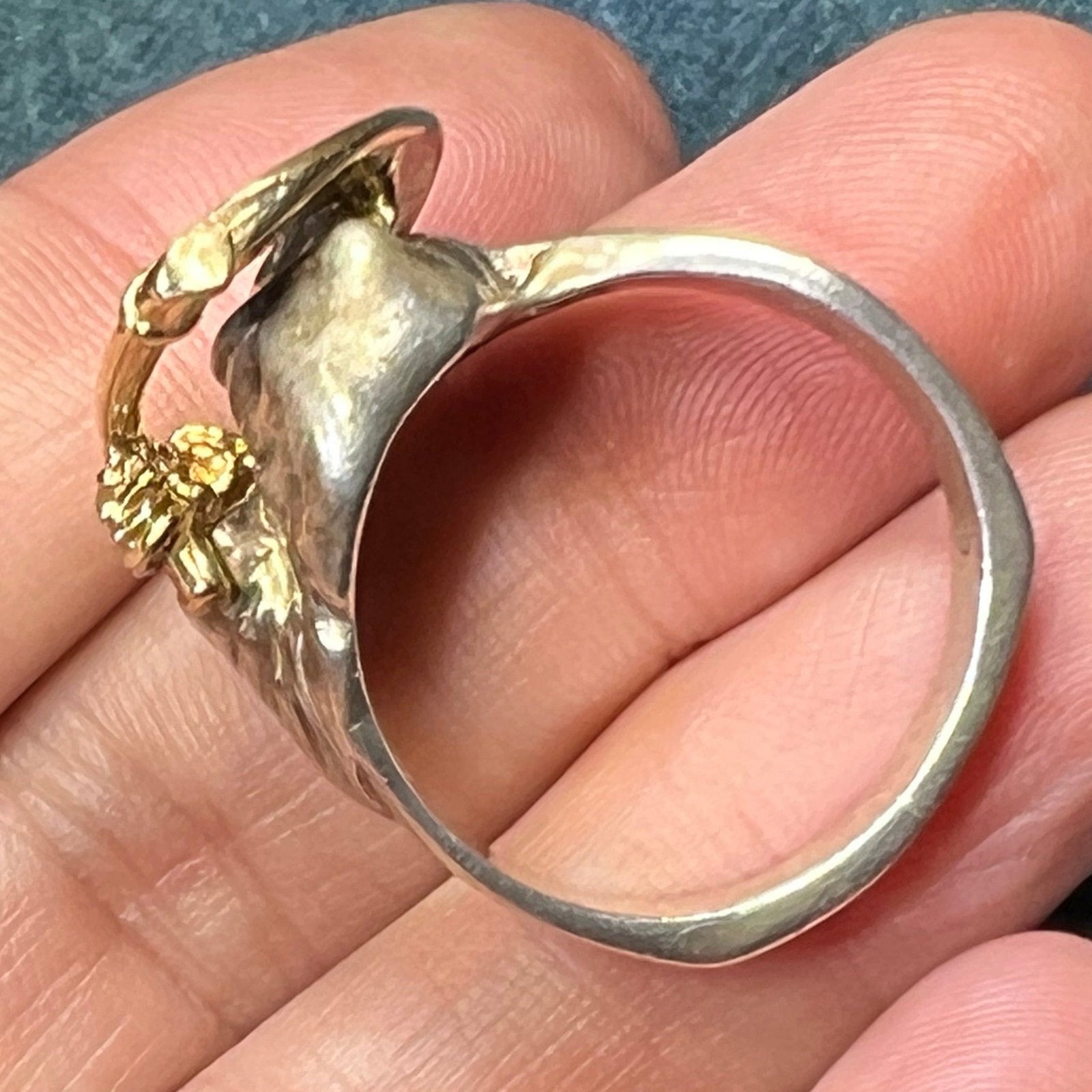 14k Yellow Gold + Sterling SKULL Biker Grim Reaper Ring. 1" + 15g