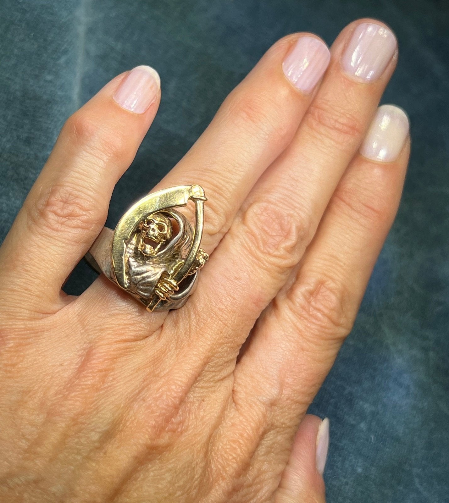 14k Yellow Gold + Sterling SKULL Biker Grim Reaper Ring. 1" + 15g