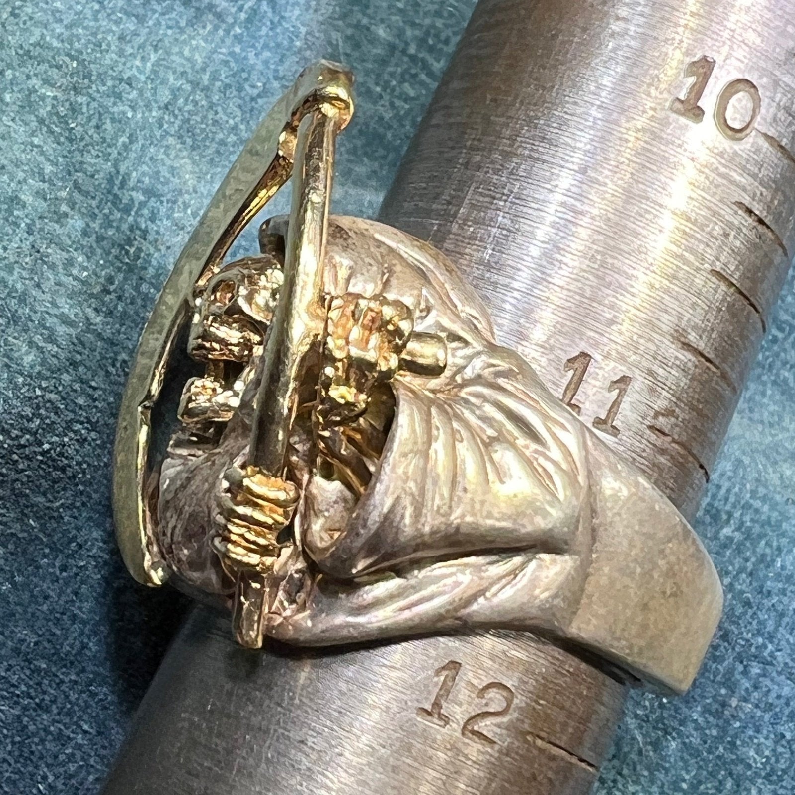 14k Yellow Gold + Sterling SKULL Biker Grim Reaper Ring. 1" + 15g