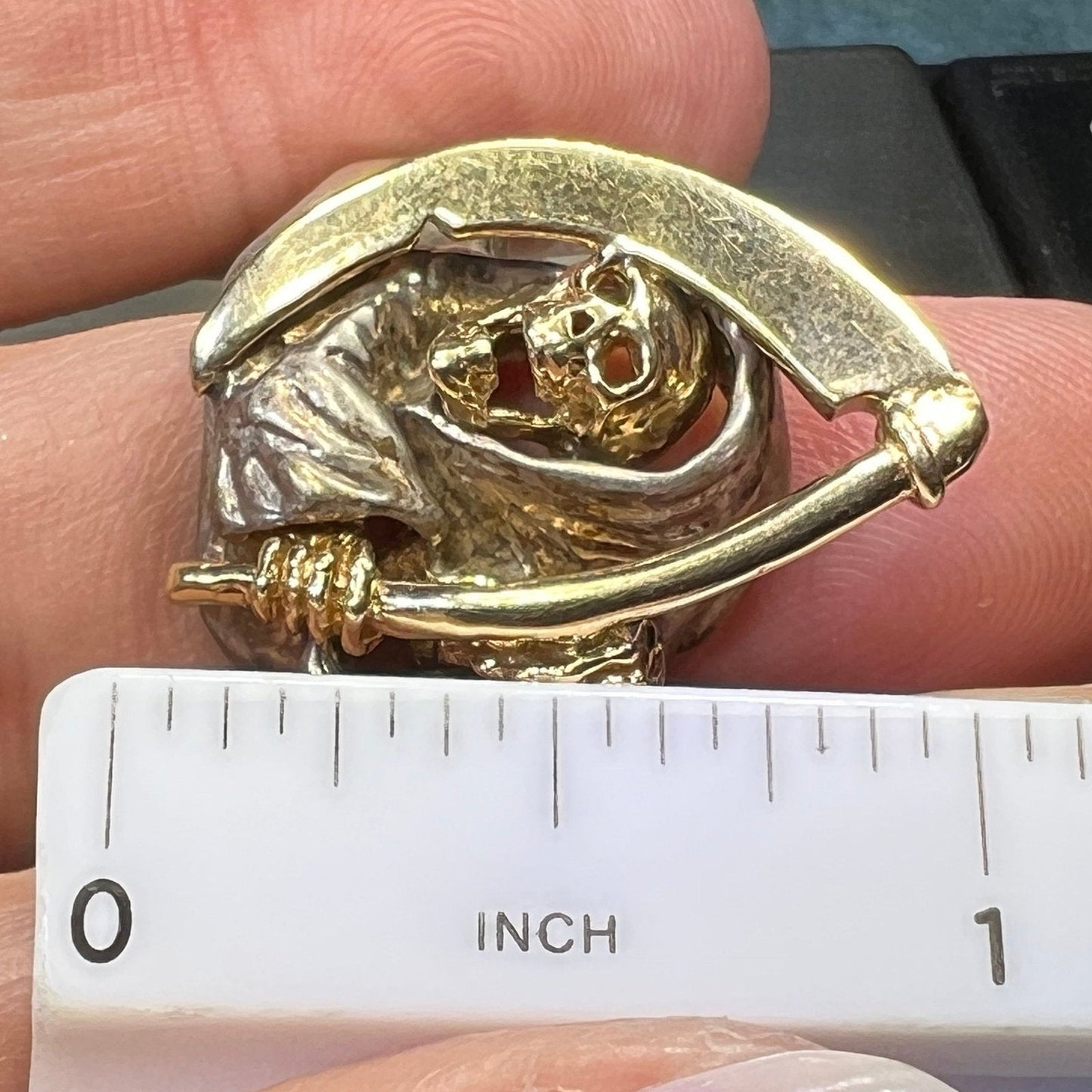 14k Yellow Gold + Sterling SKULL Biker Grim Reaper Ring. 1" + 15g