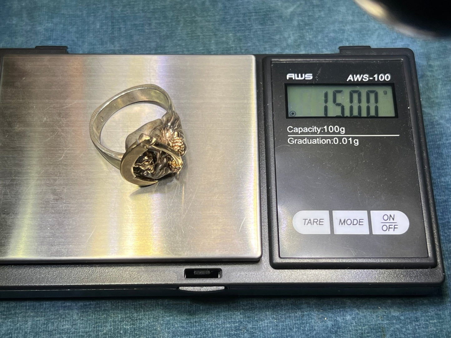 14k Yellow Gold + Sterling SKULL Biker Grim Reaper Ring. 1" + 15g