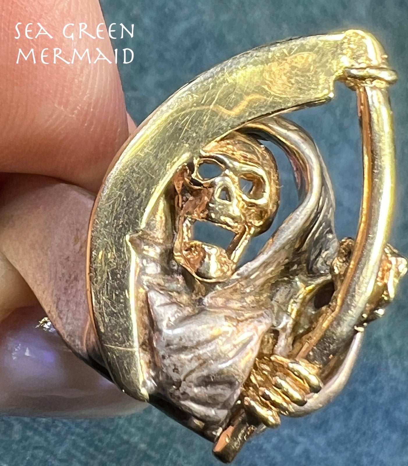 14k Yellow Gold + Sterling SKULL Biker Grim Reaper Ring. 1" + 15g