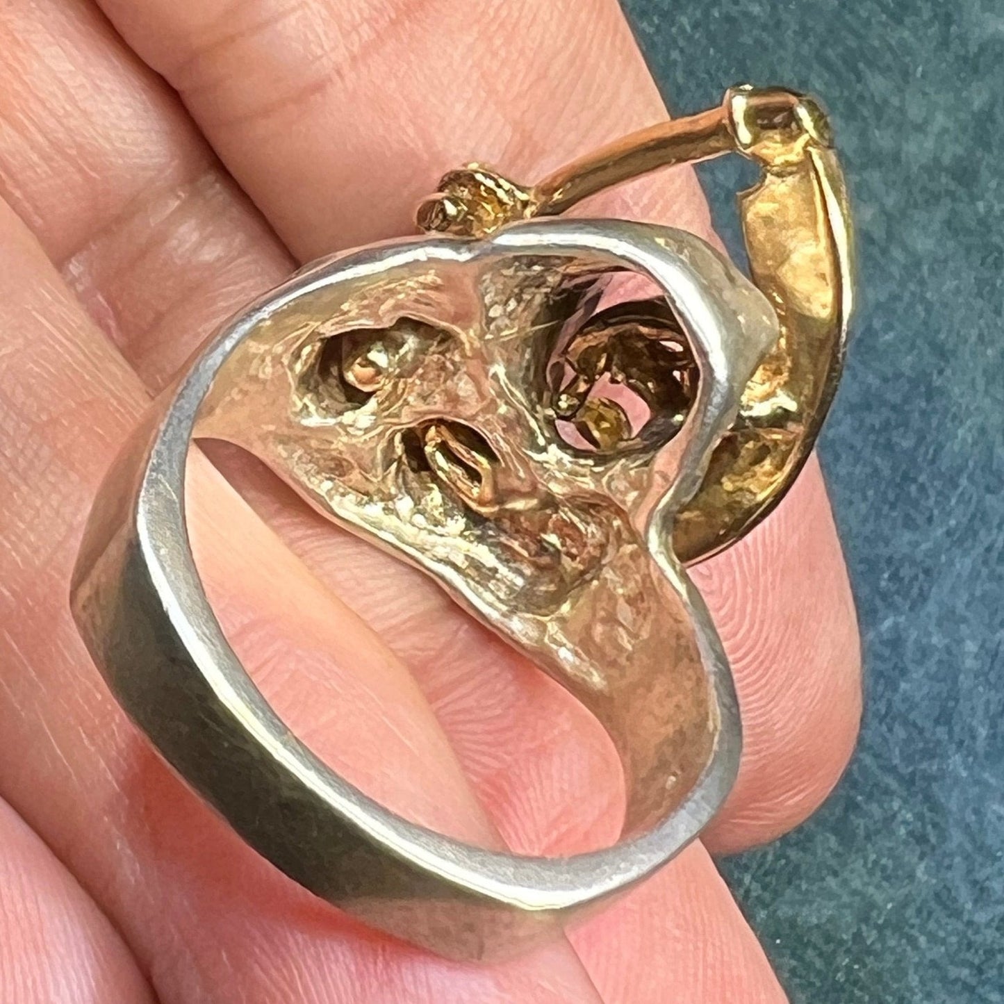 14k Yellow Gold + Sterling SKULL Biker Grim Reaper Ring. 1" + 15g