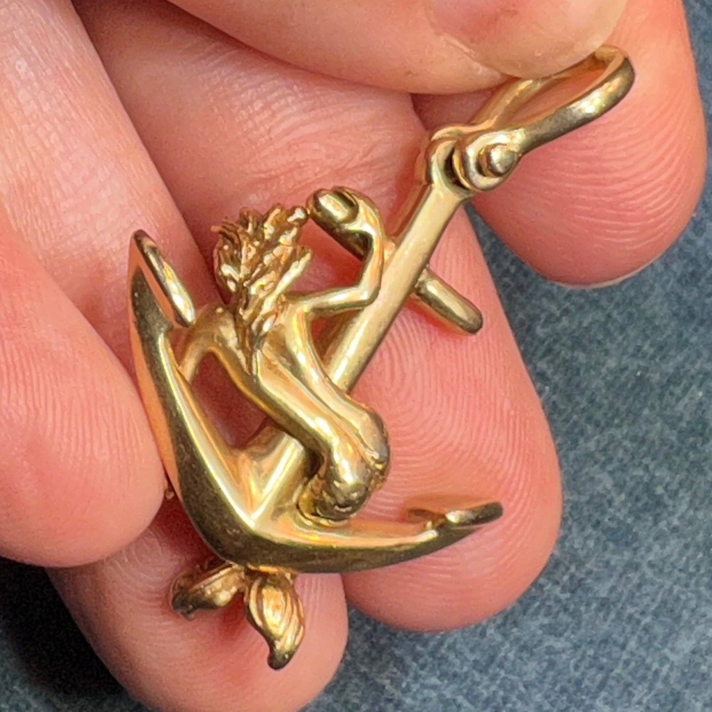 14k Yellow Gold Steven Douglas MERMAID + Anchor Pendant. 1.6" + 8g